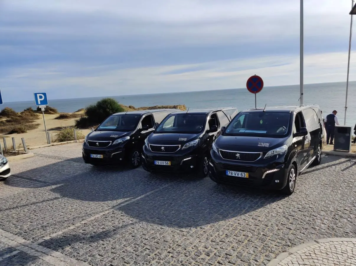 Three Fat Cats Peugeot Traveller vans lined up by the Algarve coast